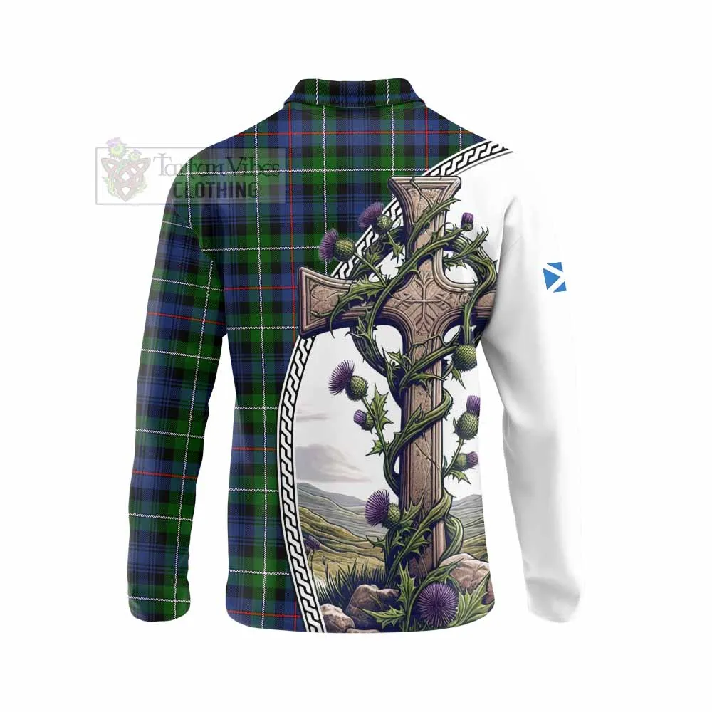 Baillie (Bailey) Tartan Long Sleeve Polo Shirt with Family Crest and St. Andrew's Cross Accented by Thistle Vines