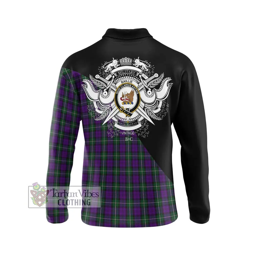 Baillie Highland Society Tartan Long Sleeve Polo Shirt with Family Crest and Military Logo Style