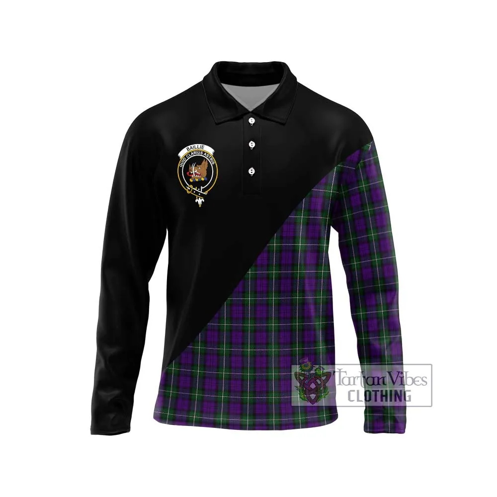 Baillie Highland Society Tartan Long Sleeve Polo Shirt with Family Crest and Military Logo Style