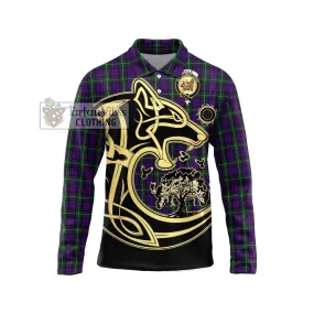 Baillie Highland Society Tartan Long Sleeve Polo Shirt with Family Crest Celtic Wolf Style