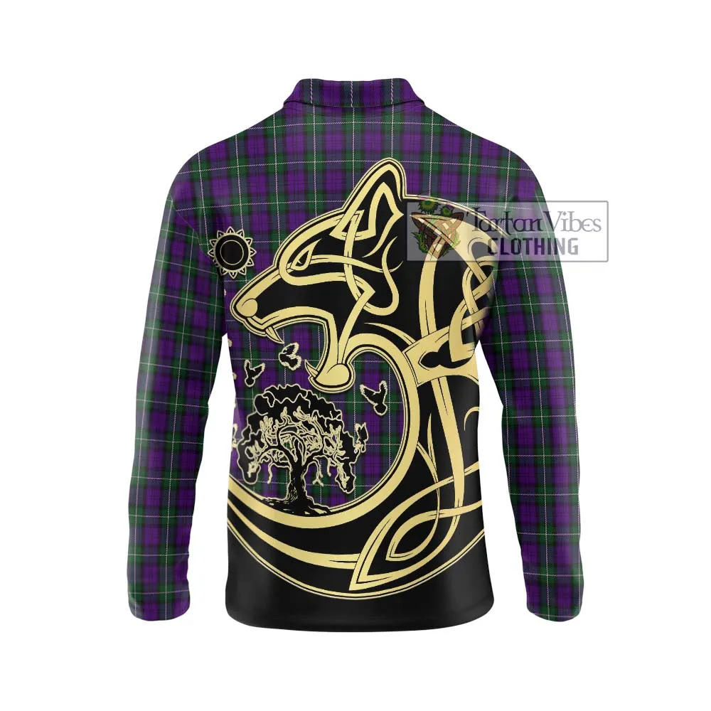 Baillie Highland Society Tartan Long Sleeve Polo Shirt with Family Crest Celtic Wolf Style