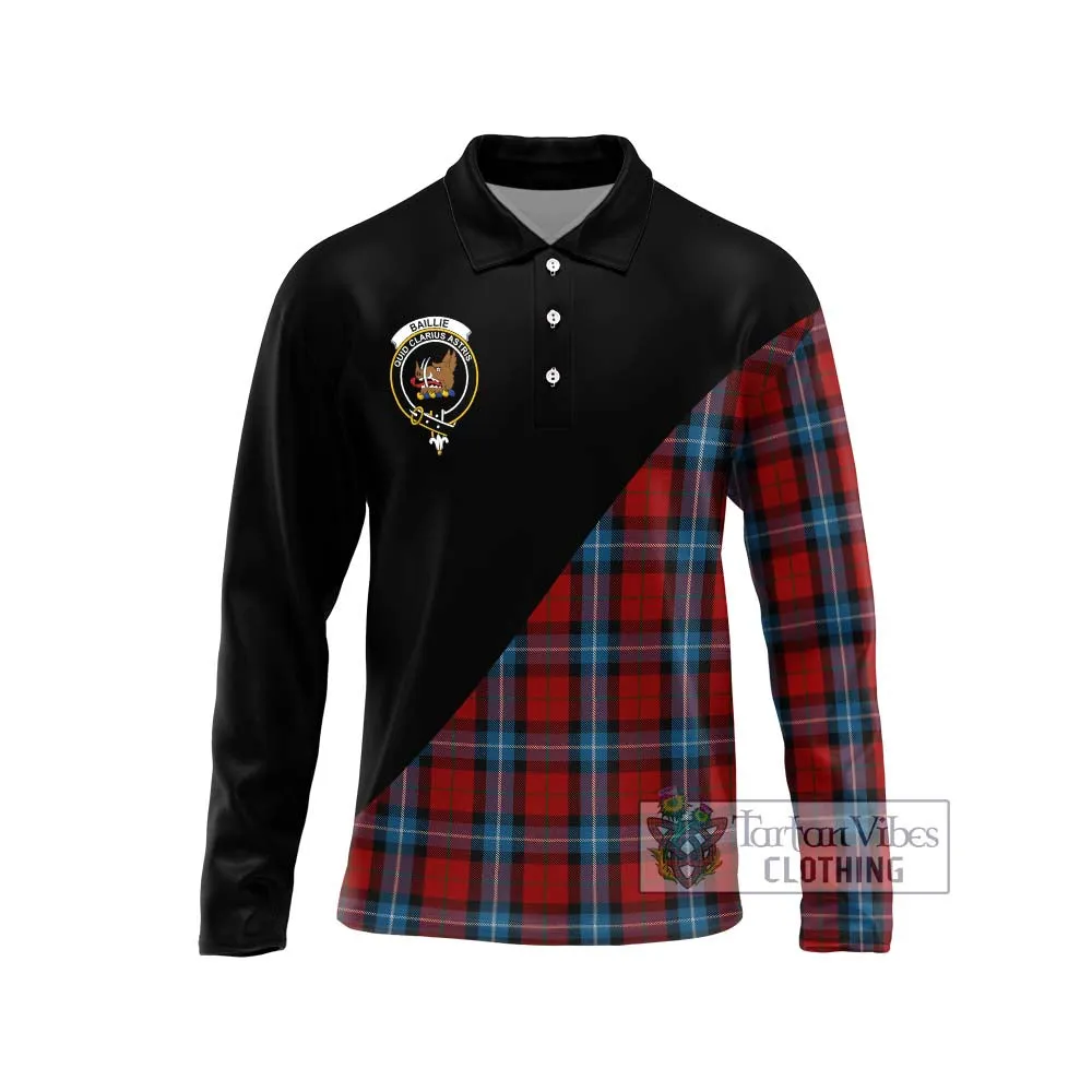 Baillie of Polkemmet Red Tartan Long Sleeve Polo Shirt with Family Crest and Military Logo Style