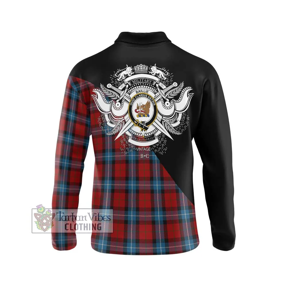 Baillie of Polkemmet Red Tartan Long Sleeve Polo Shirt with Family Crest and Military Logo Style