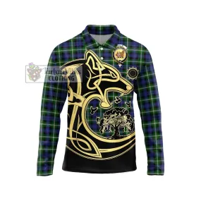 Baillie of Polkemmet Tartan Long Sleeve Polo Shirt with Family Crest Celtic Wolf Style