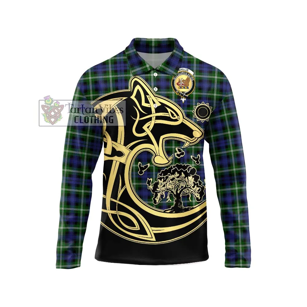 Baillie of Polkemmet Tartan Long Sleeve Polo Shirt with Family Crest Celtic Wolf Style