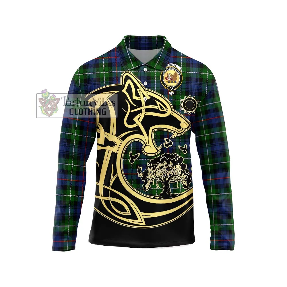 Baillie Tartan Long Sleeve Polo Shirt with Family Crest Celtic Wolf Style