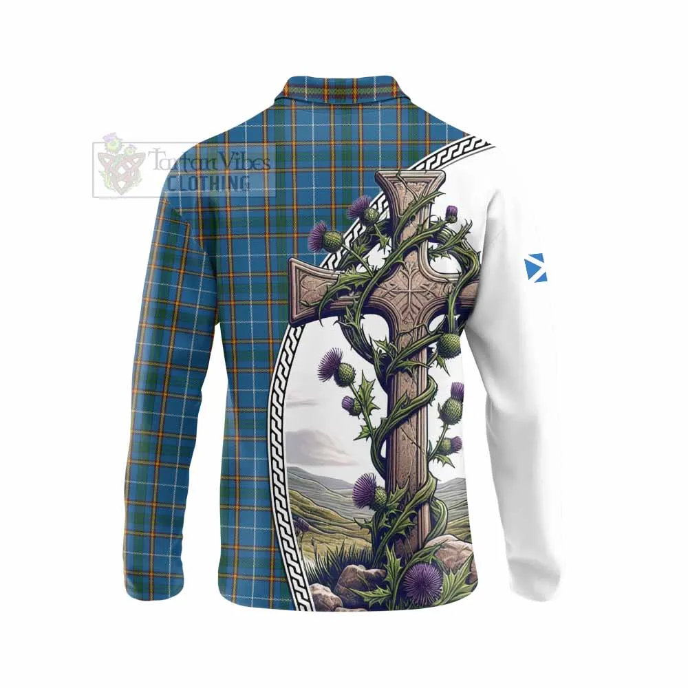 Bain Tartan Long Sleeve Polo Shirt with Family Crest and St. Andrew's Cross Accented by Thistle Vines