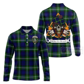 Bannerman Tartan Long Sleeve Polo Shirt with Family Crest and Bearded Skull Holding Bottles of Whiskey