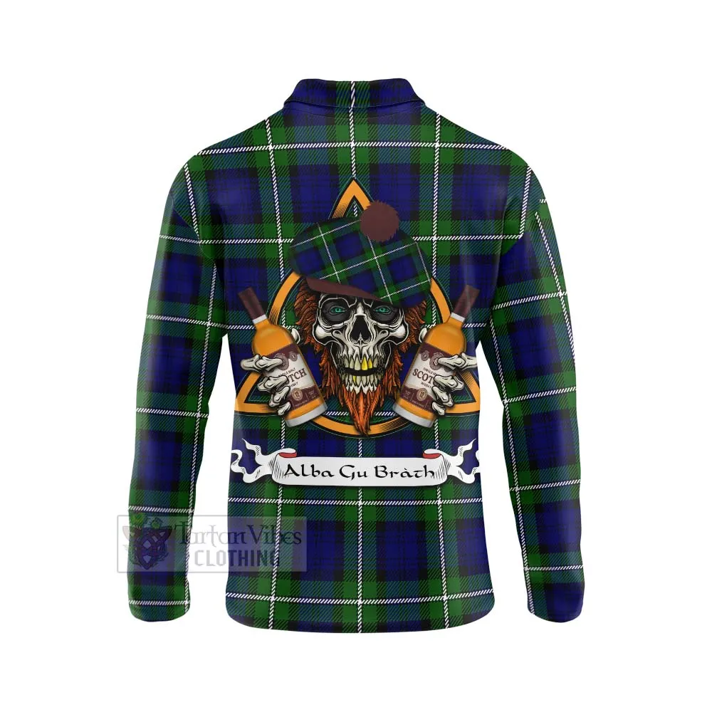 Bannerman Tartan Long Sleeve Polo Shirt with Family Crest and Bearded Skull Holding Bottles of Whiskey