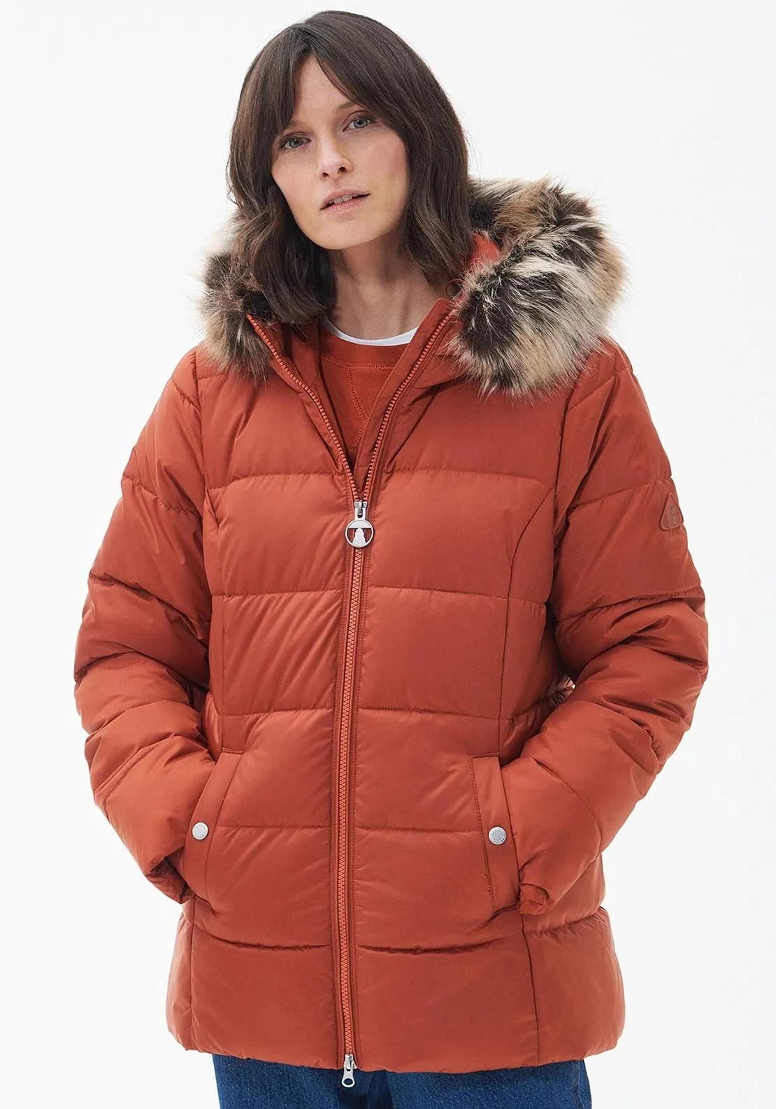 Barbour Womens Faux Fur Hood Midhurst Quilted Jacket, Spiced Pumkin