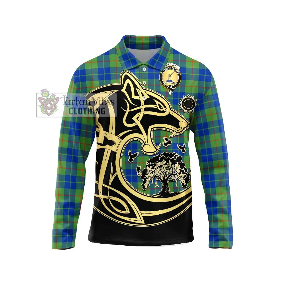 Barclay Hunting Ancient Tartan Long Sleeve Polo Shirt with Family Crest Celtic Wolf Style