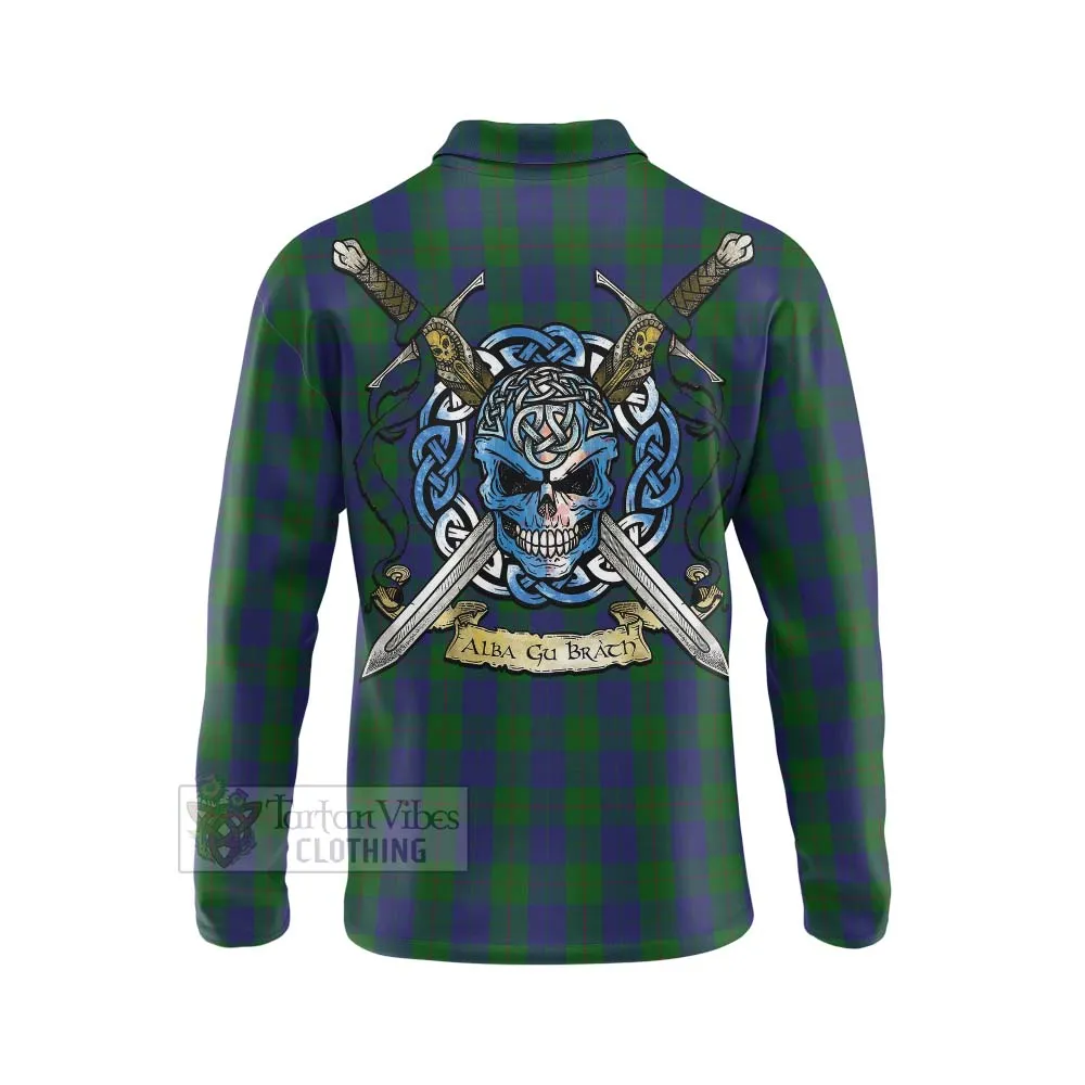 Barclay Tartan Long Sleeve Polo Shirt with Family Crest Celtic Skull Style