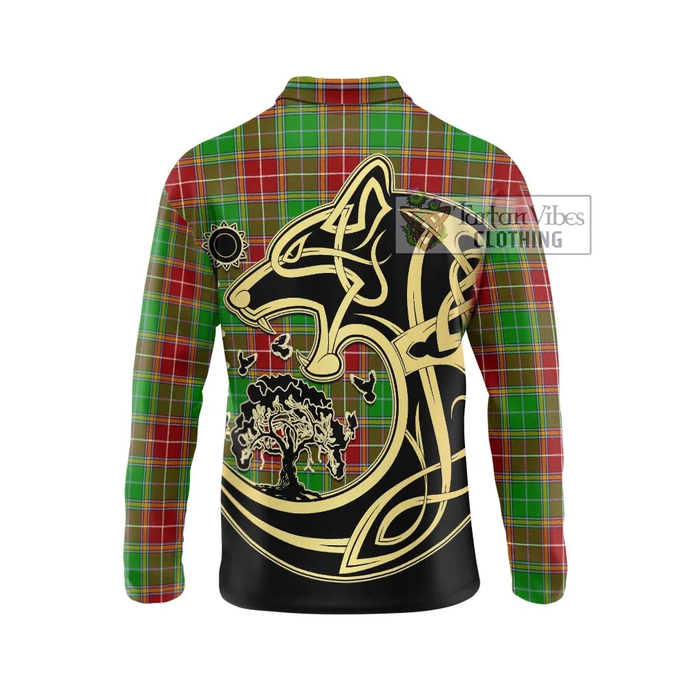 Baxter Modern Tartan Long Sleeve Polo Shirt with Family Crest Celtic Wolf Style