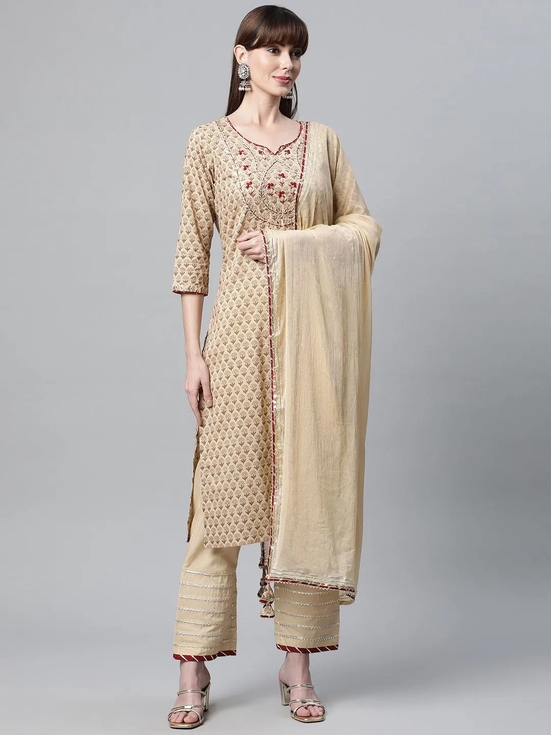 Beige Color Cotton Straight Kurta Pant Set With Dupatta