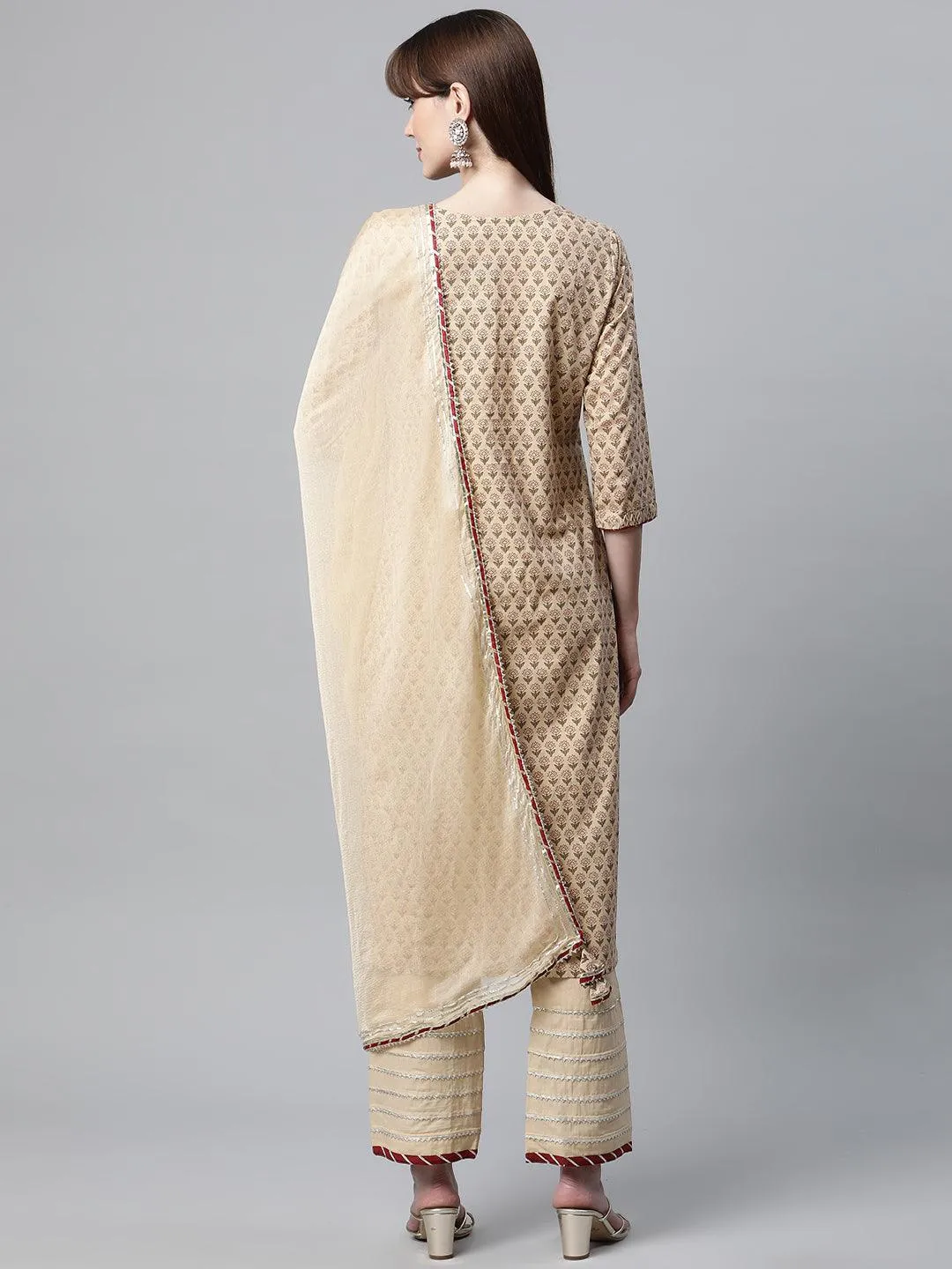 Beige Color Cotton Straight Kurta Pant Set With Dupatta