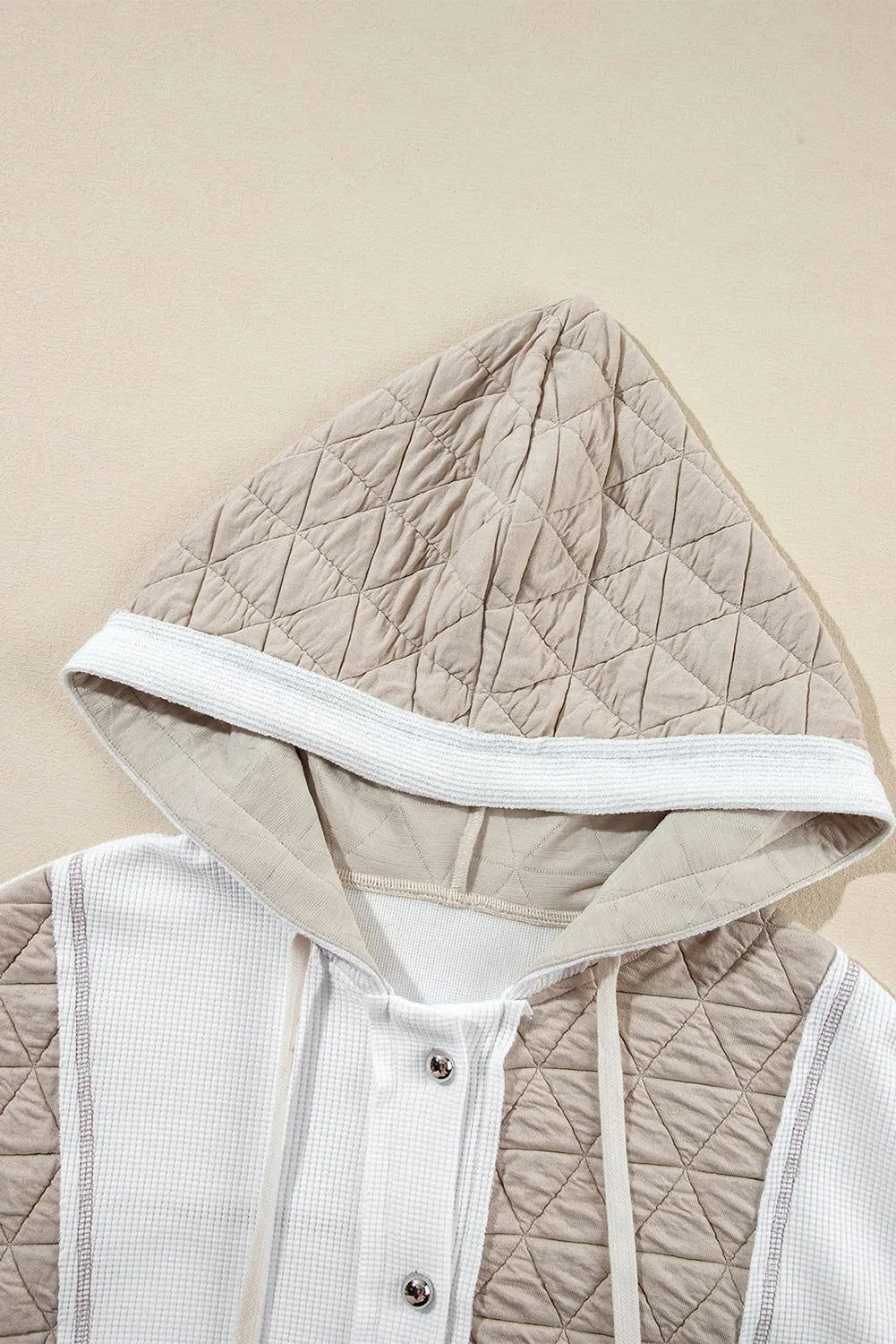 Beige Quilted Textured Patchwork Hooded Jacket