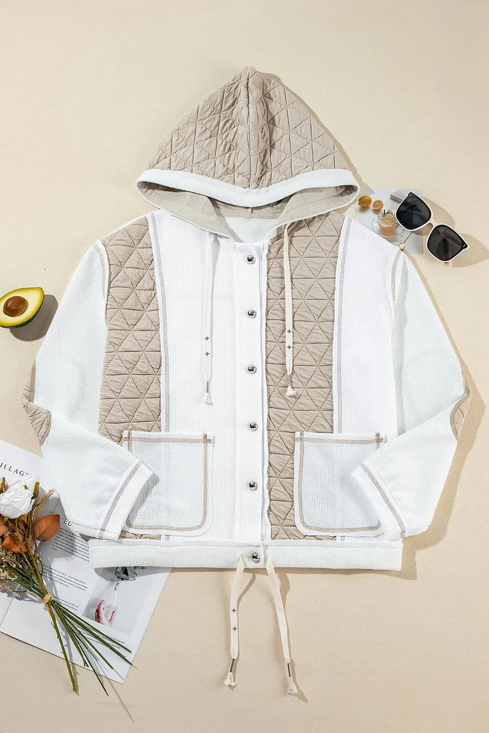 Beige Quilted Textured Patchwork Hooded Jacket