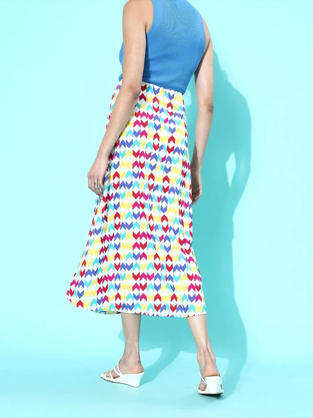 Berrylush Women Multicoloured Geometric Printed Flared A-Line Midi Skirt