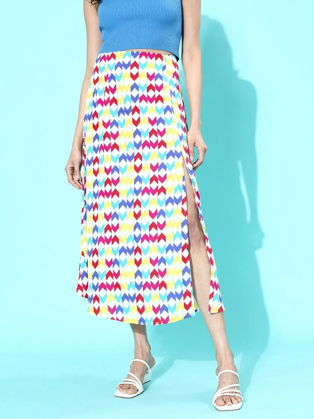 Berrylush Women Multicoloured Geometric Printed Flared A-Line Midi Skirt