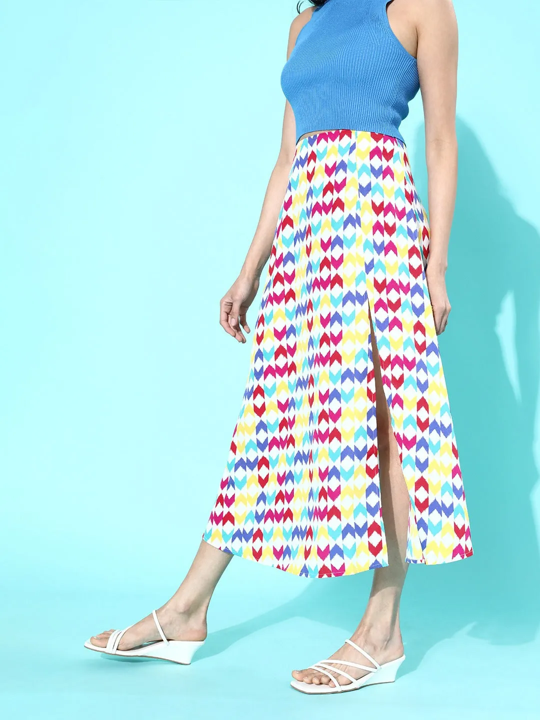 Berrylush Women Multicoloured Geometric Printed Flared A-Line Midi Skirt