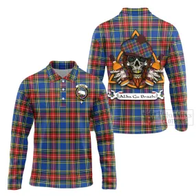 Bethune Tartan Long Sleeve Polo Shirt with Family Crest and Bearded Skull Holding Bottles of Whiskey