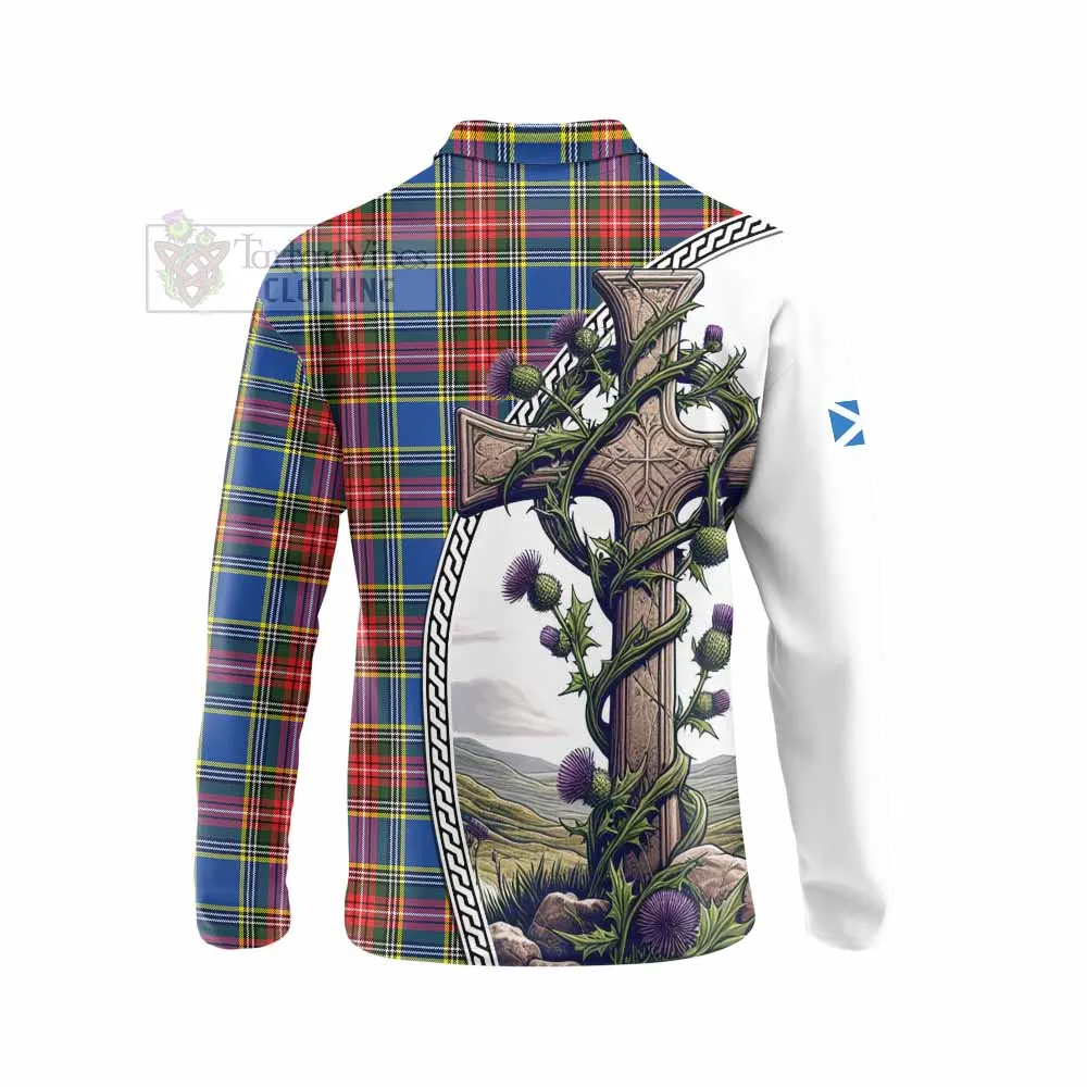 Bethune Tartan Long Sleeve Polo Shirt with Family Crest and St. Andrew's Cross Accented by Thistle Vines