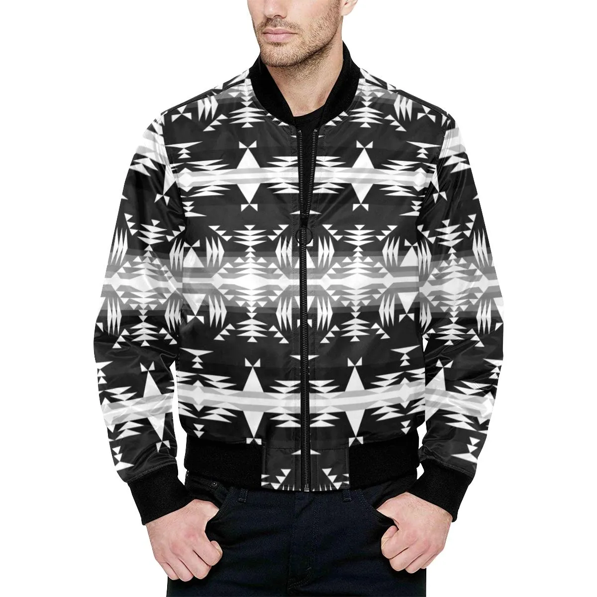 Between the Mountains Black and White Unisex Heavy Bomber Jacket with Quilted Lining