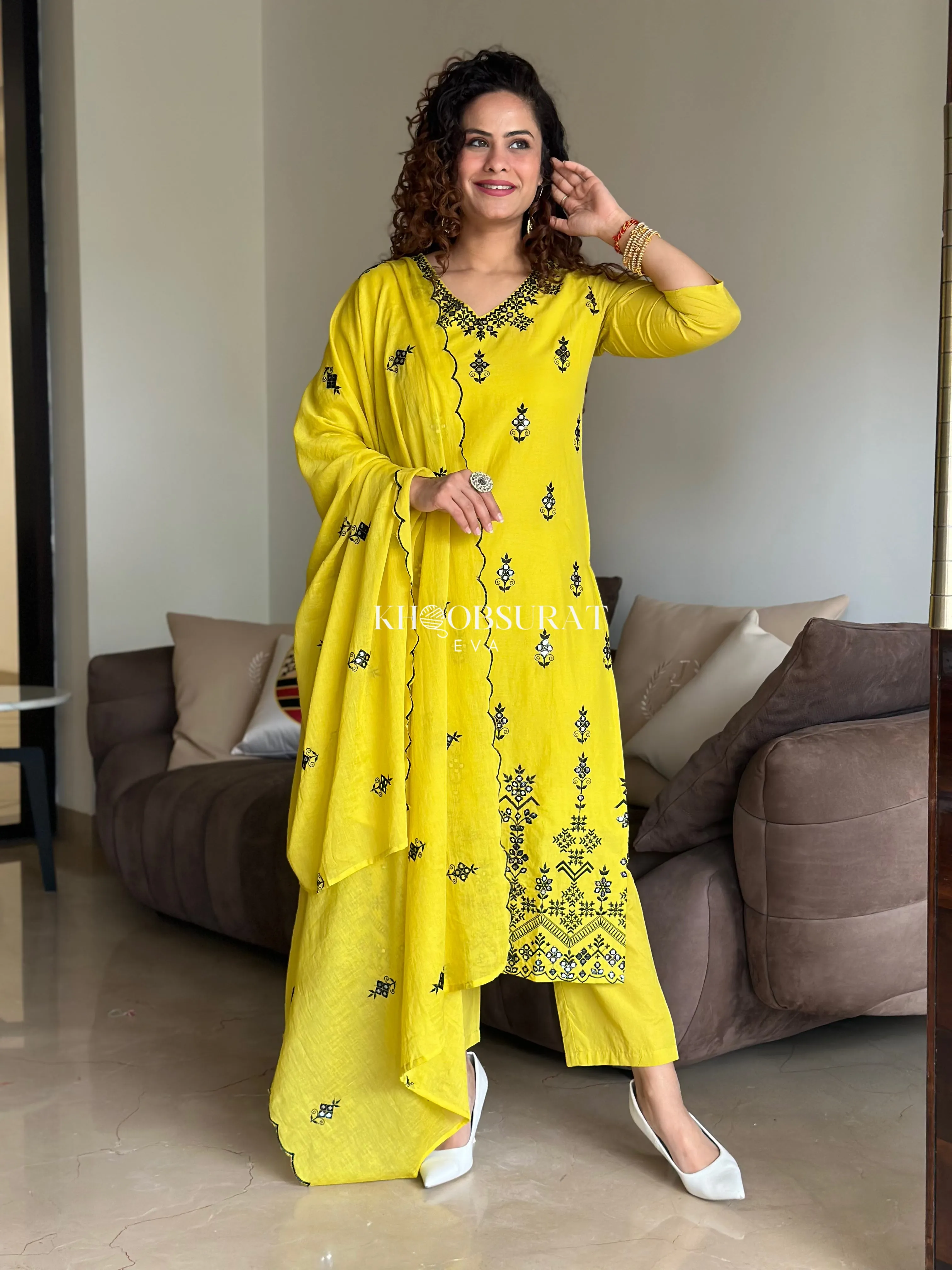 Biba Yellow Kurta Suit Sets For Woman