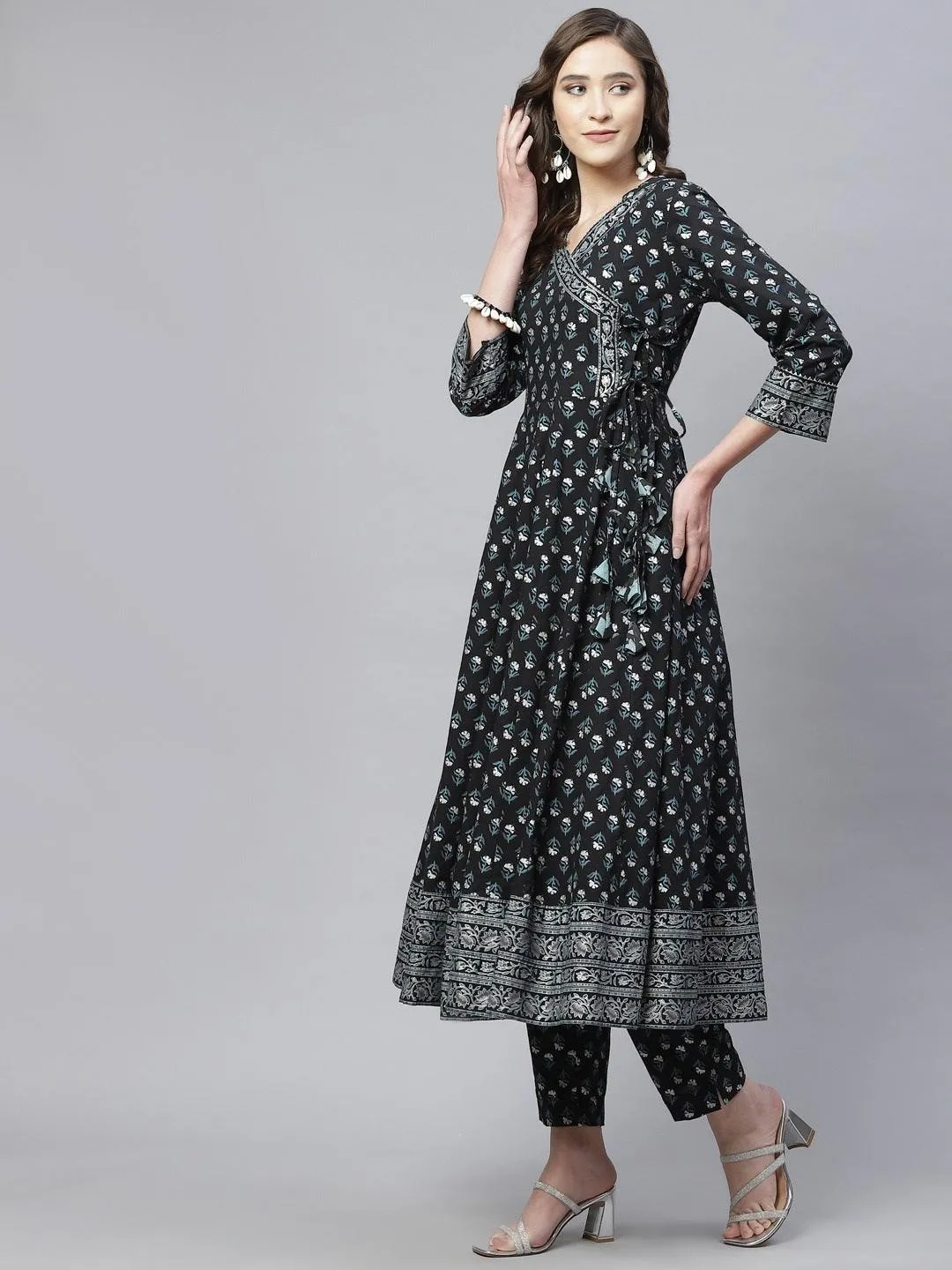 Black Anarkali Kurta Pant Set With Net Dupatta