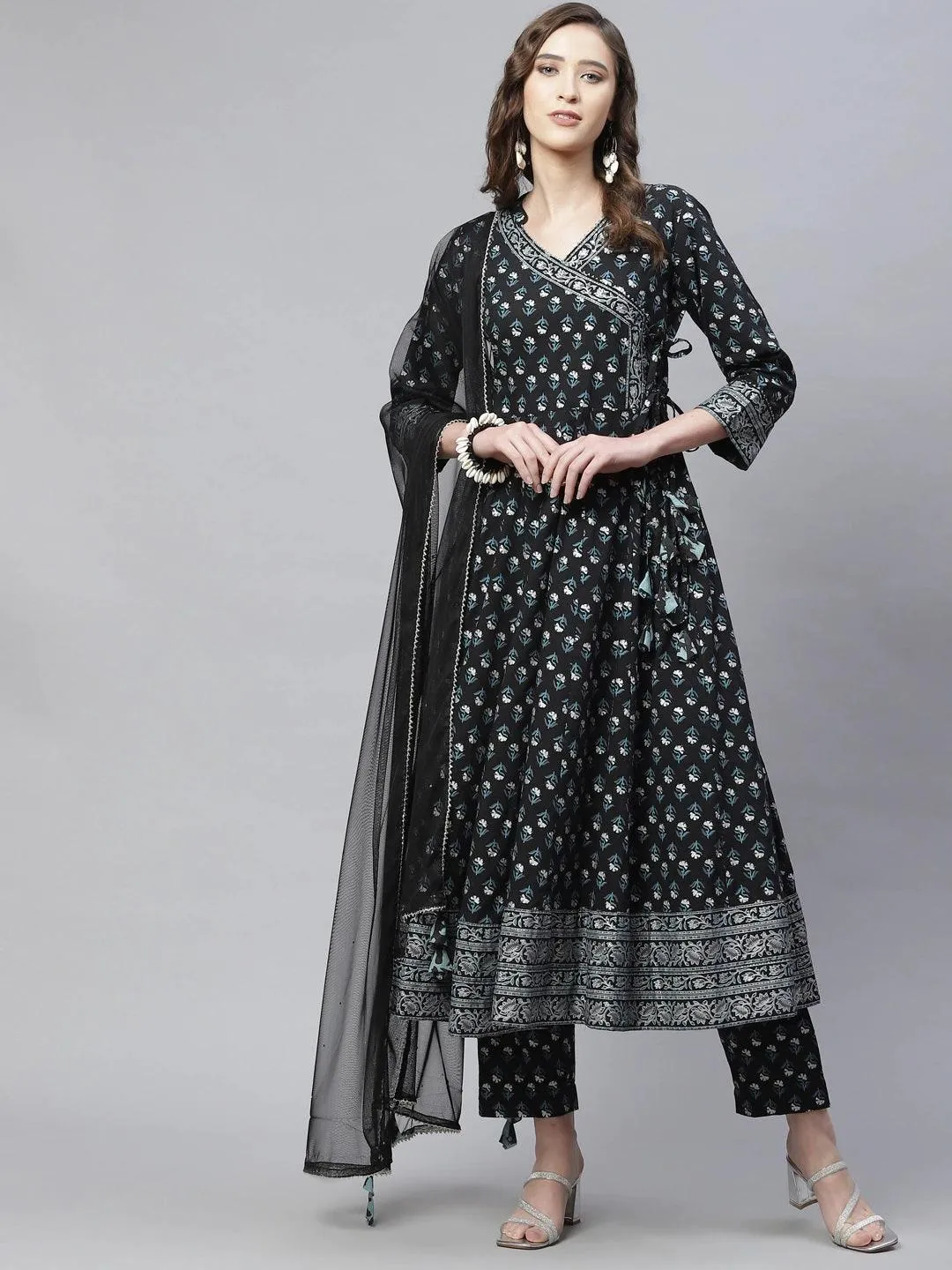 Black Anarkali Kurta Pant Set With Net Dupatta