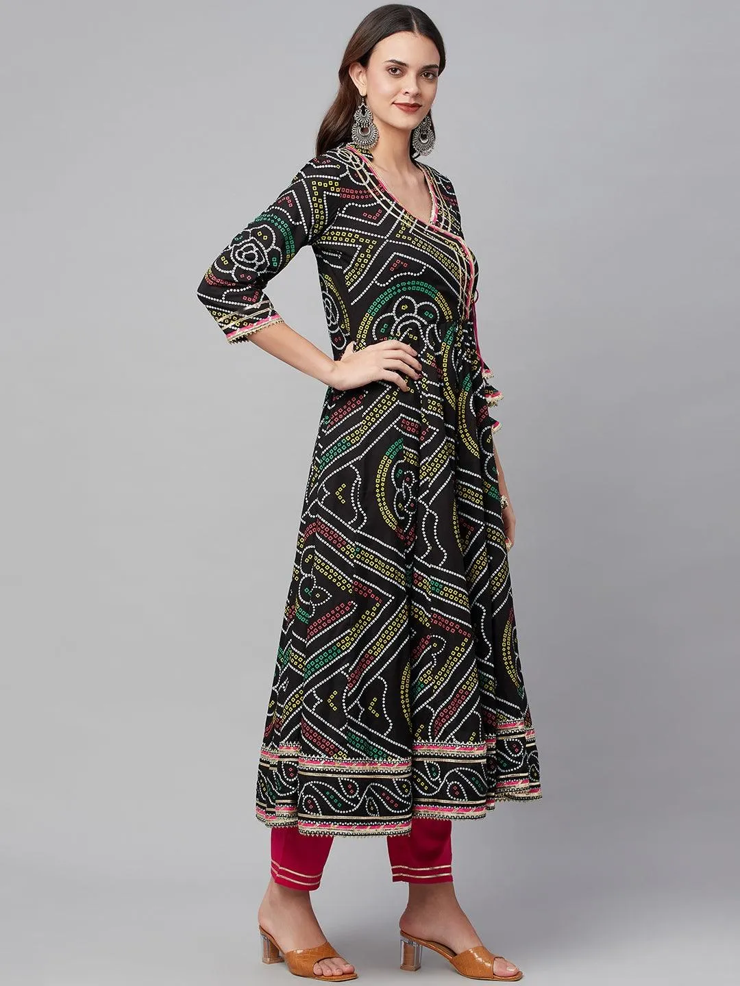 Black Bandhani Print Anarkali Kurta Pant Set With Dupatta