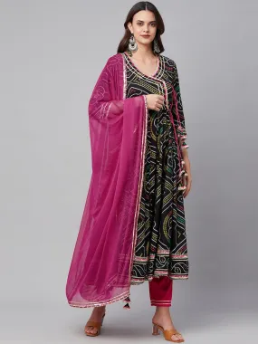 Black Bandhani Print Anarkali Kurta Pant Set With Dupatta