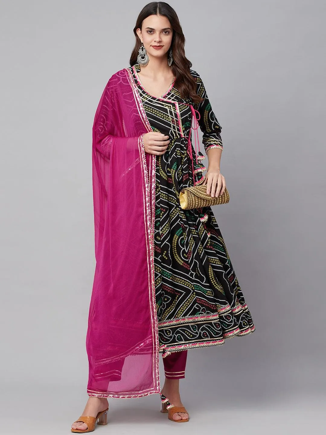 Black Bandhani Print Anarkali Kurta Pant Set With Dupatta