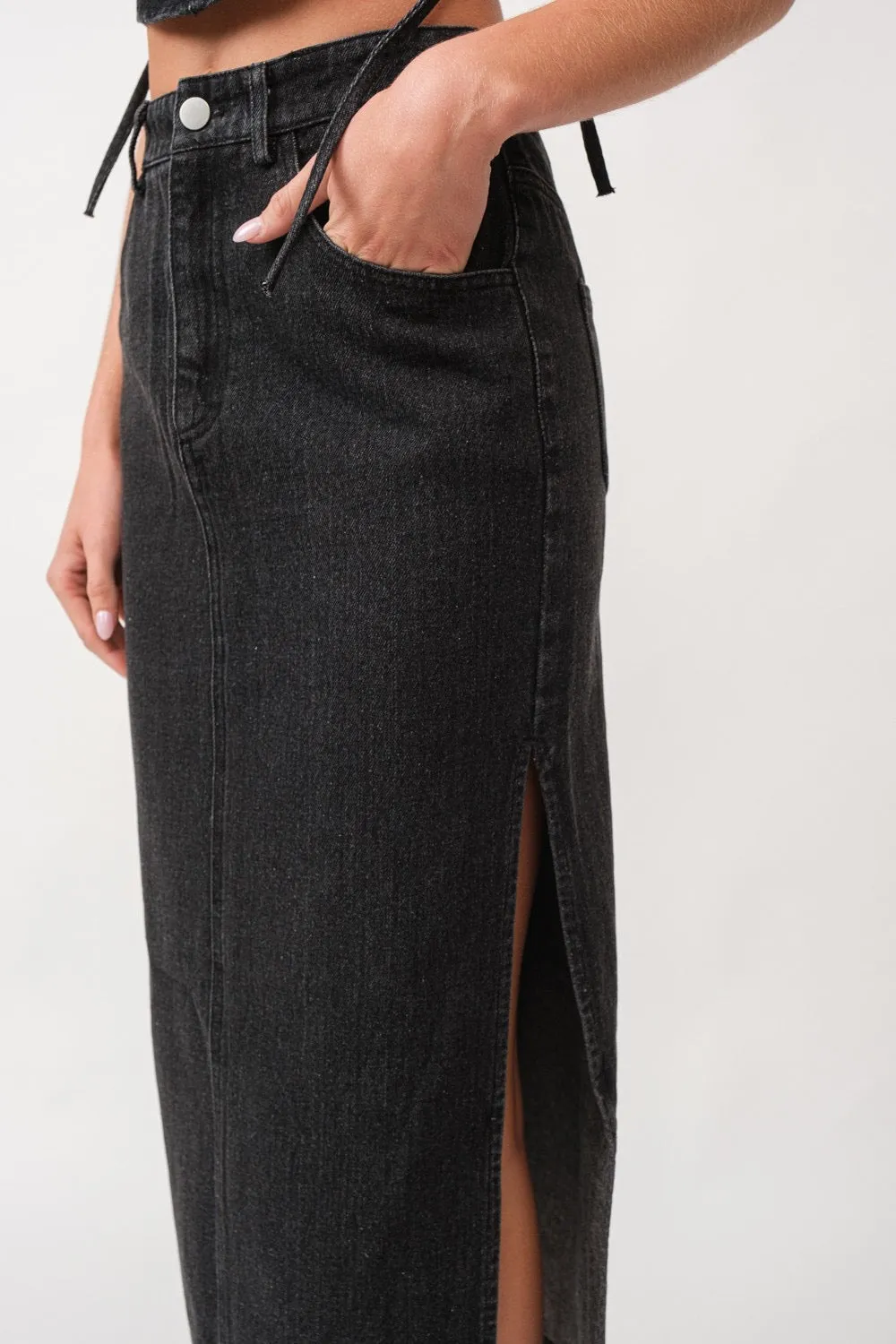 Black Denim Midi Skirt with Side Slit