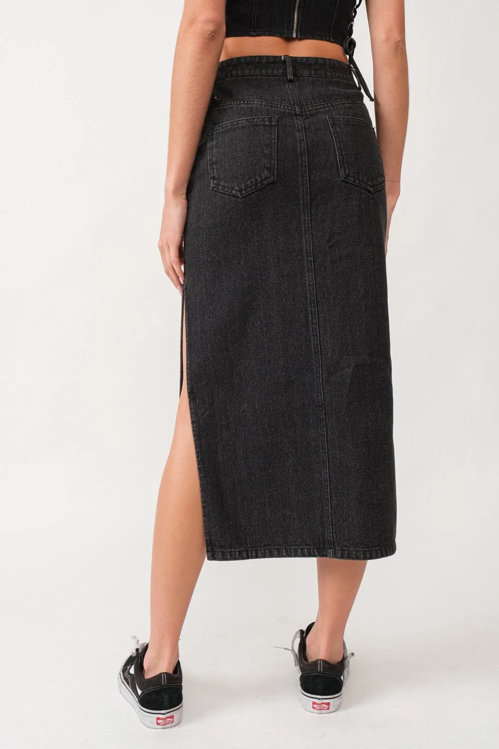 Black Denim Midi Skirt with Side Slit