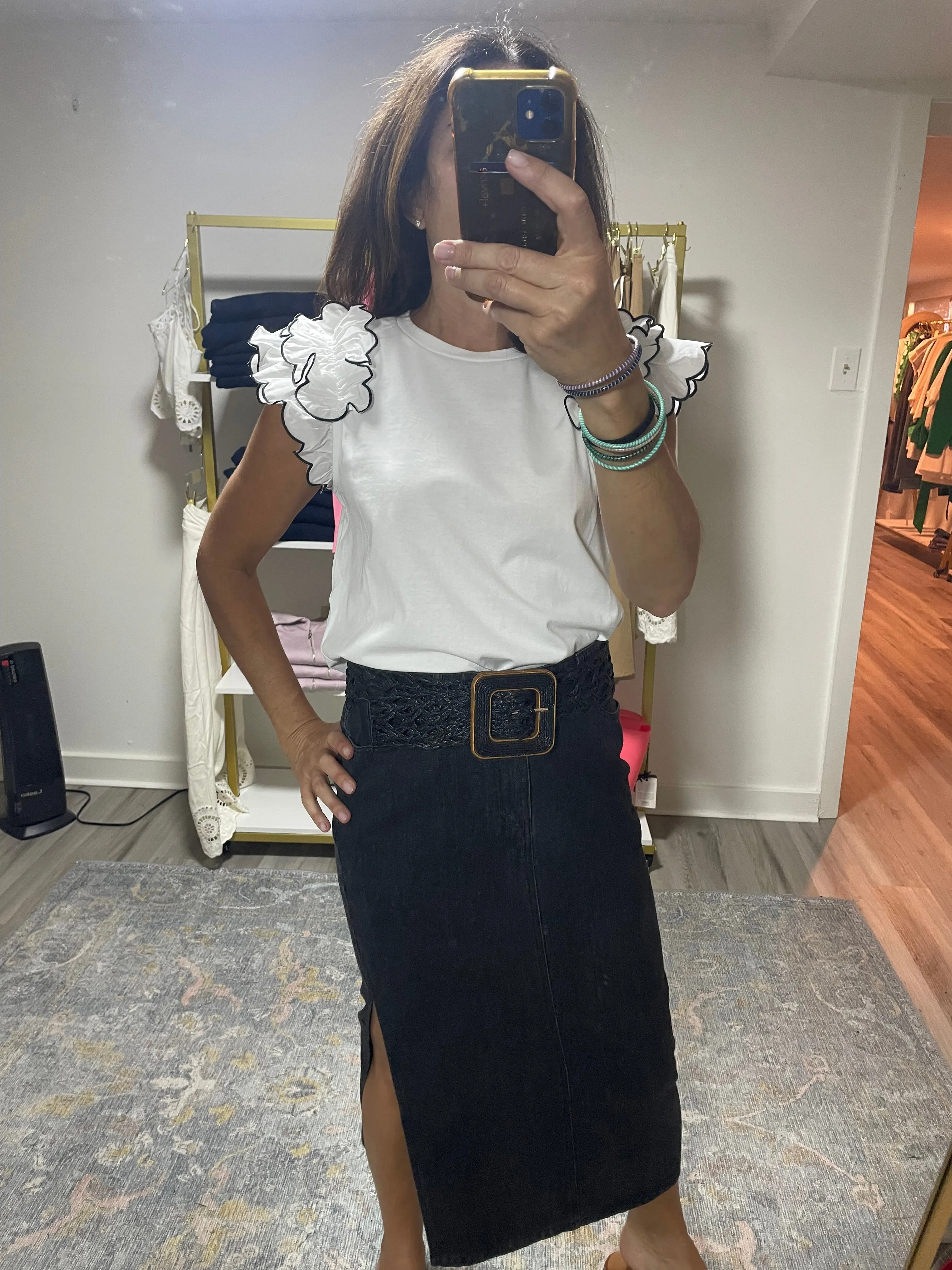 Black Denim Midi Skirt with Side Slit