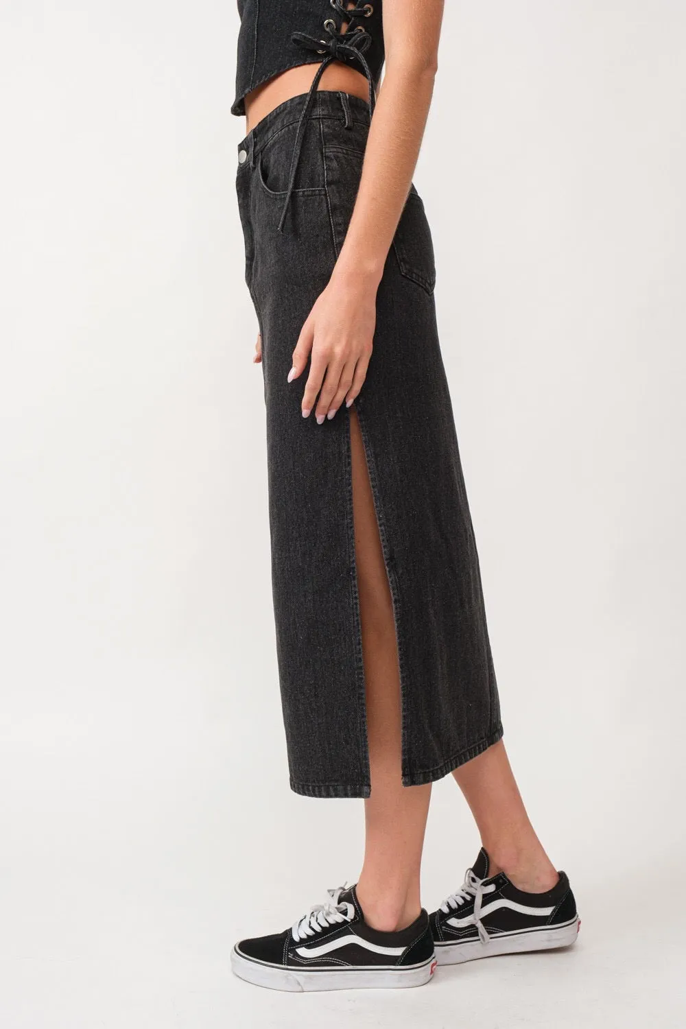 Black Denim Midi Skirt with Side Slit