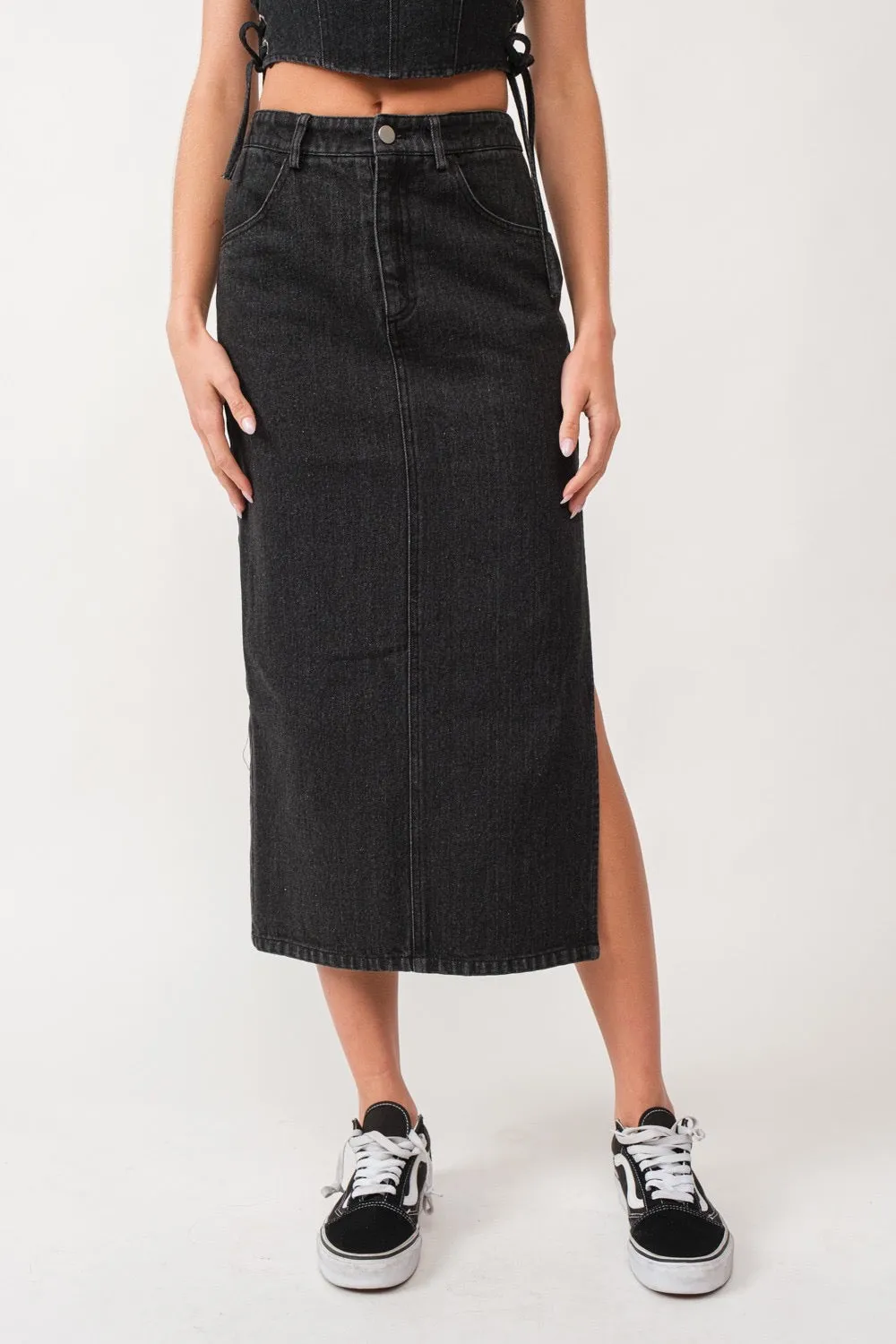 Black Denim Midi Skirt with Side Slit