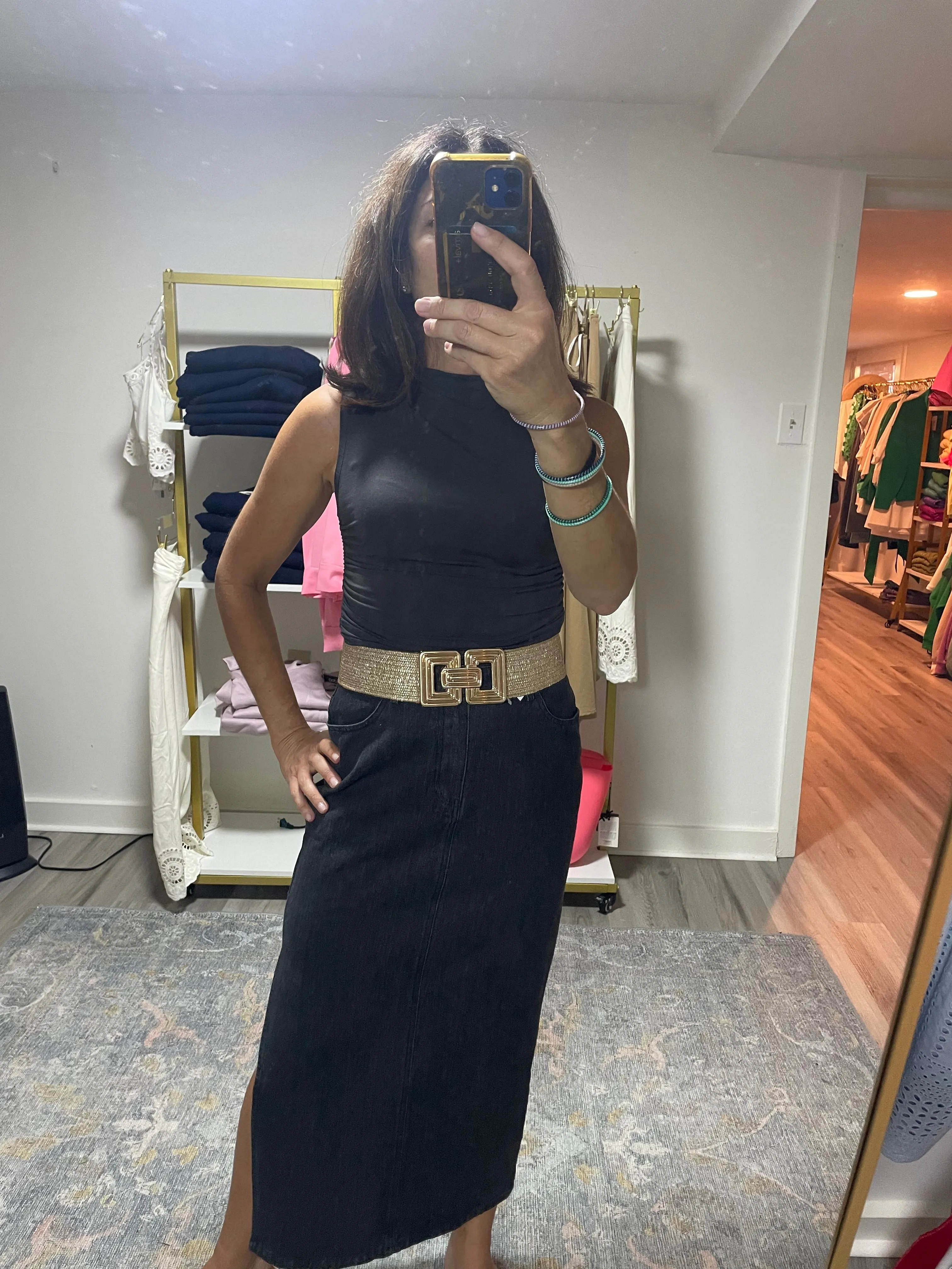 Black Denim Midi Skirt with Side Slit