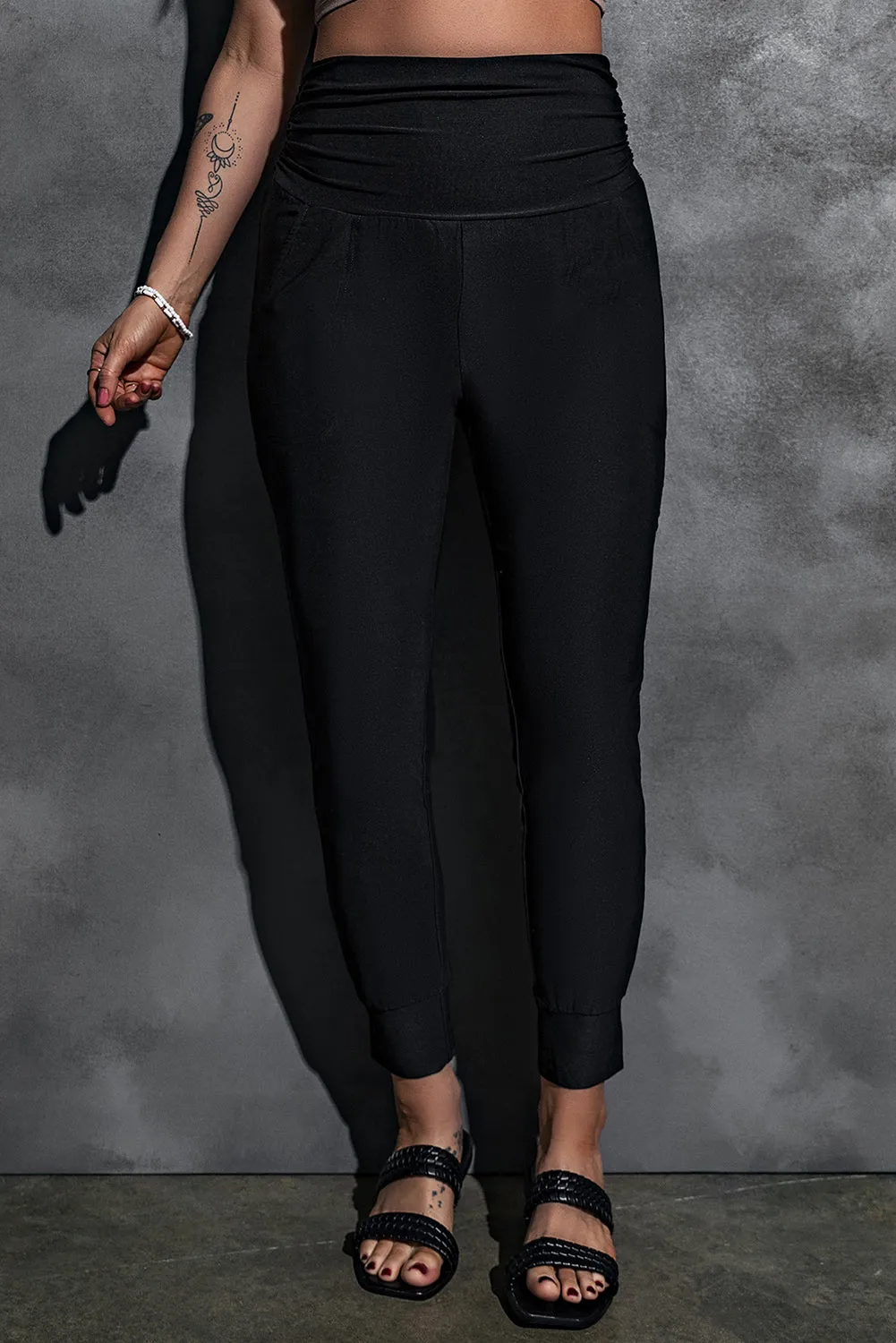 Black Pleated Casual Pocket High Waisted Leggings