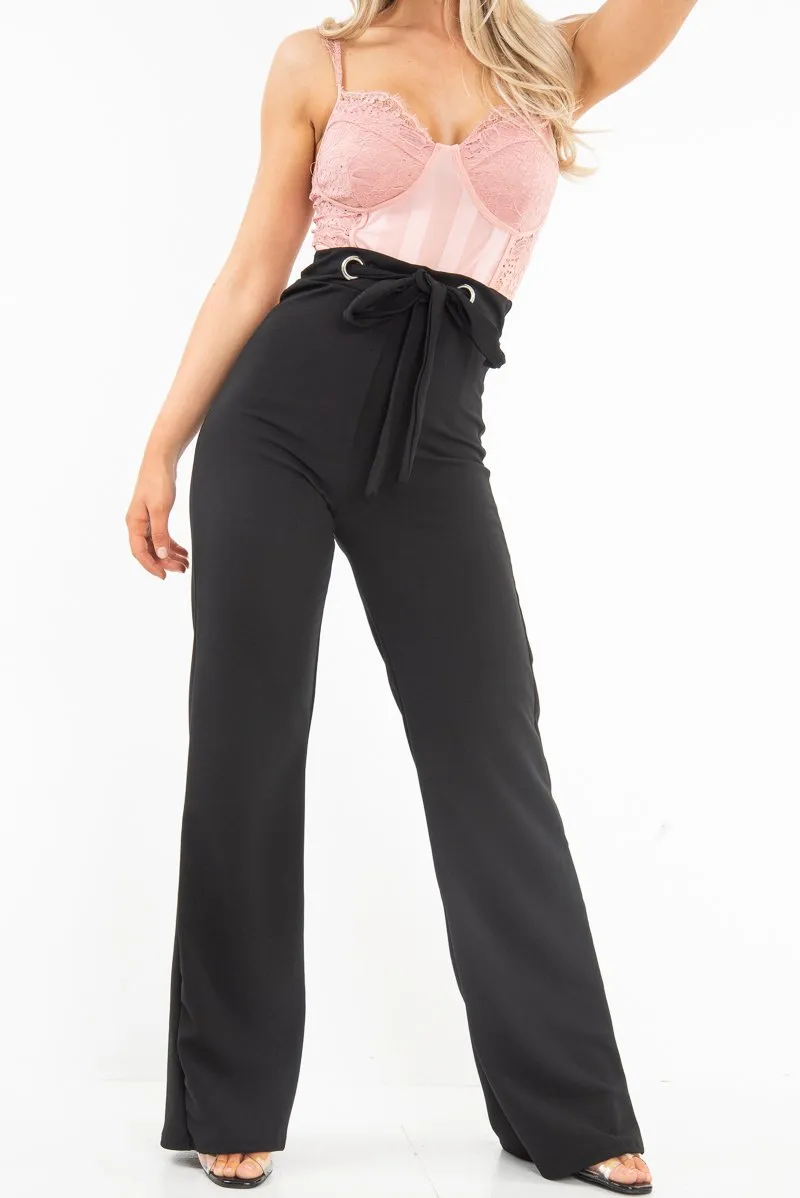 Black Wide Leg Tie Waist Trousers - Robynn