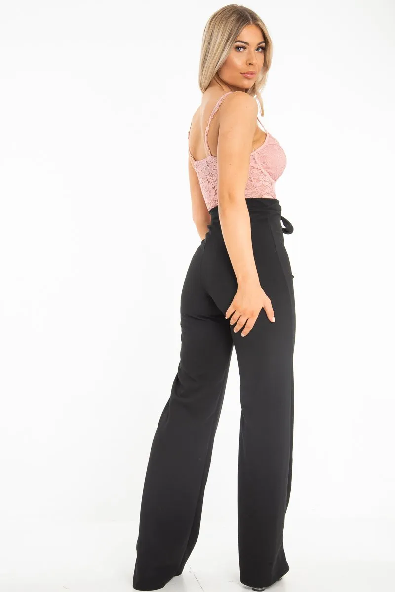 Black Wide Leg Tie Waist Trousers - Robynn