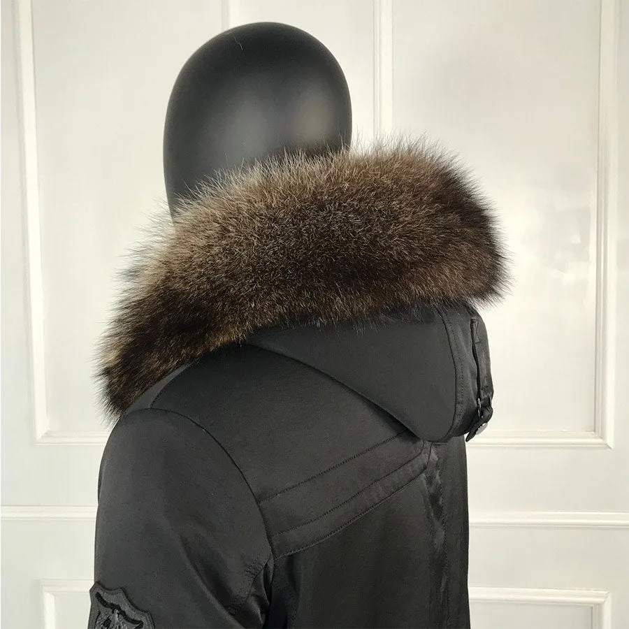 Black/Navy Real Fox Fur Parka Real Rabbit Fur Removable Lining Coats