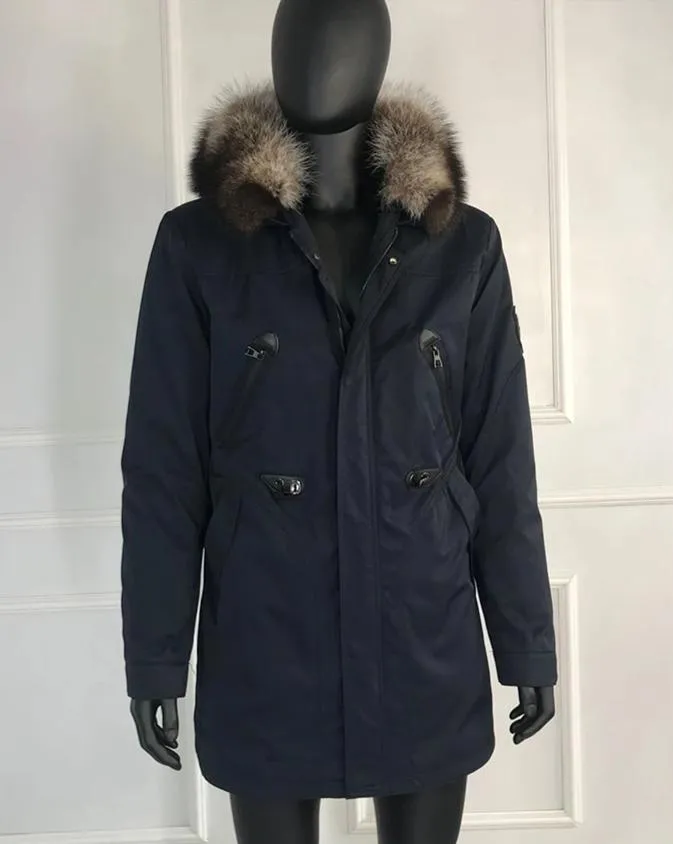 Black/Navy Real Fox Fur Parka Real Rabbit Fur Removable Lining Coats