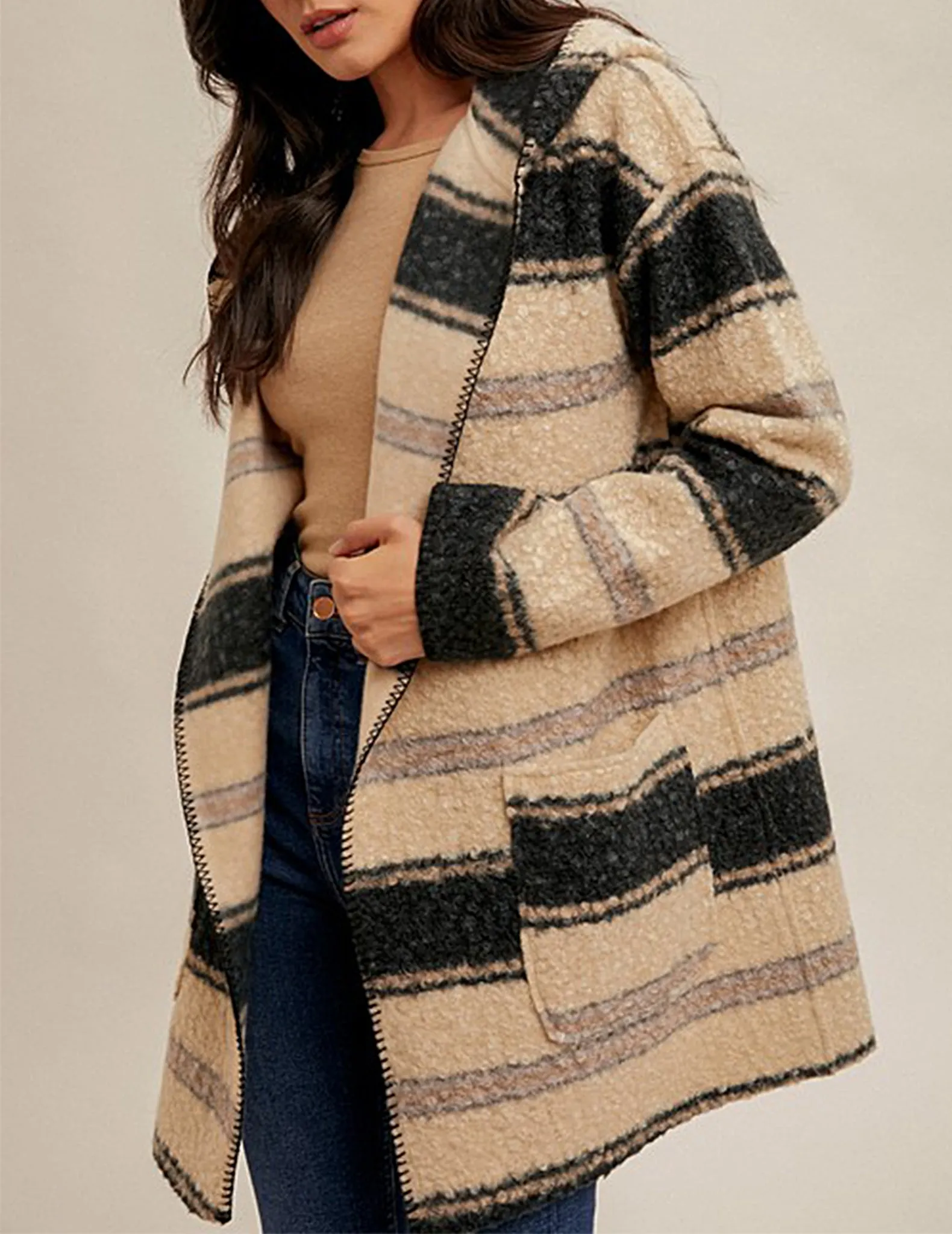 Blaire Boucle Striped Hooded Coat