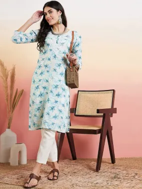 Blue & White Floral Embroidered Straight Kurta With Trouser