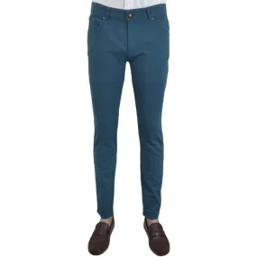 Blue Stretch Cotton Textured Five Pocket Trousers