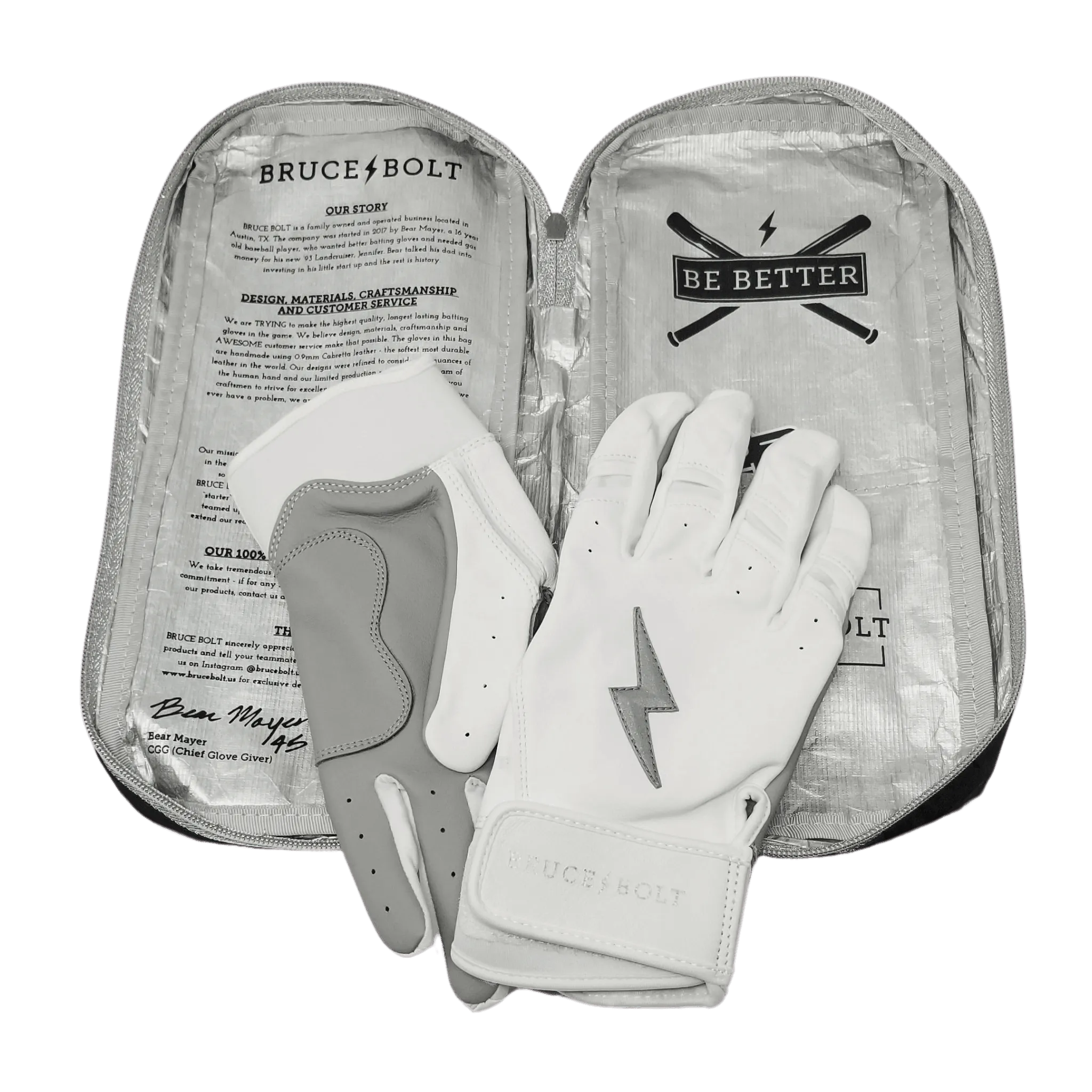 Bruce Bolt PREMIUM PRO Chrome Series Short Cuff Batting Gloves: White