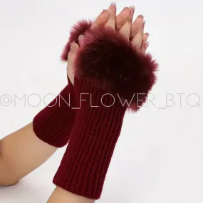 Burgundy Fur Trimmed Ribbed Knit Fingerless Gloves