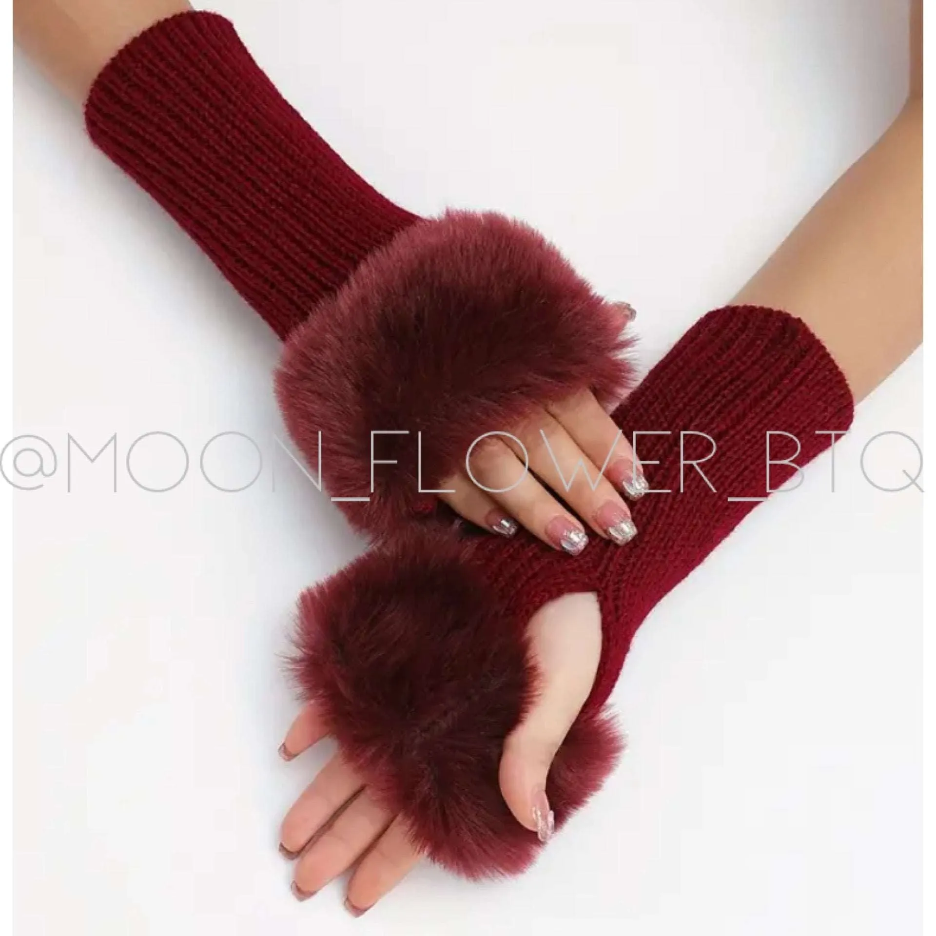 Burgundy Fur Trimmed Ribbed Knit Fingerless Gloves